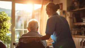 A caregiver and elderly resident sitting together, reviewing a care plan and smiling in a home-like common area.