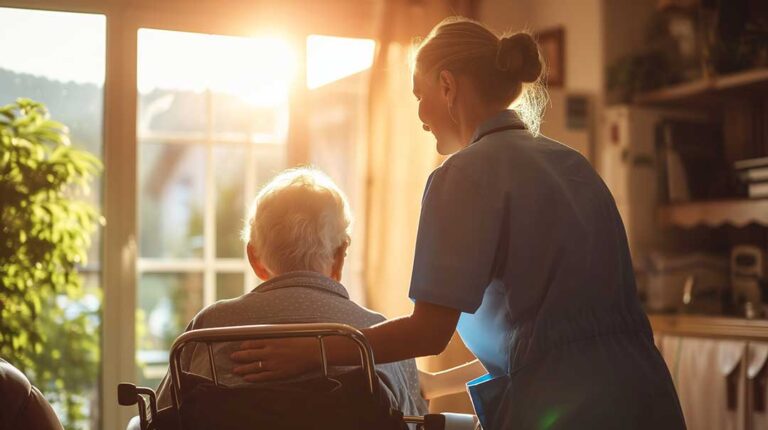 A caregiver and elderly resident sitting together, reviewing a care plan and smiling in a home-like common area.